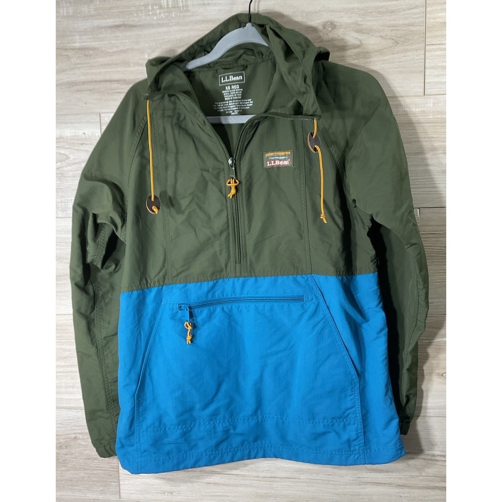 LL Bean Jacket Womens XS Green Blue Mountain Classic Anorak Colorblock Hooded
